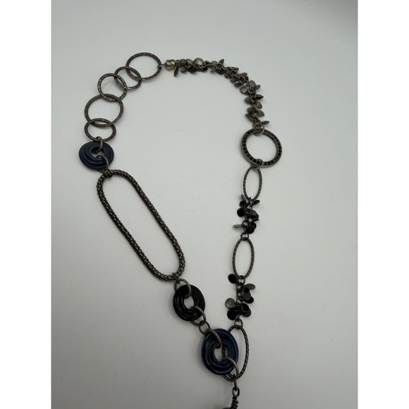 Landra Mixed Media Asymmetrical Statement Necklace Marbled Pendant Magnetic 26in - Picture 3 of 6